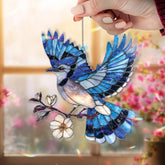 Blue Jay Acrylic Suncatcher, Flying Bird and Blossom Window Decor, Stained Glass Style Nature Art Gift for Bird Lover Home